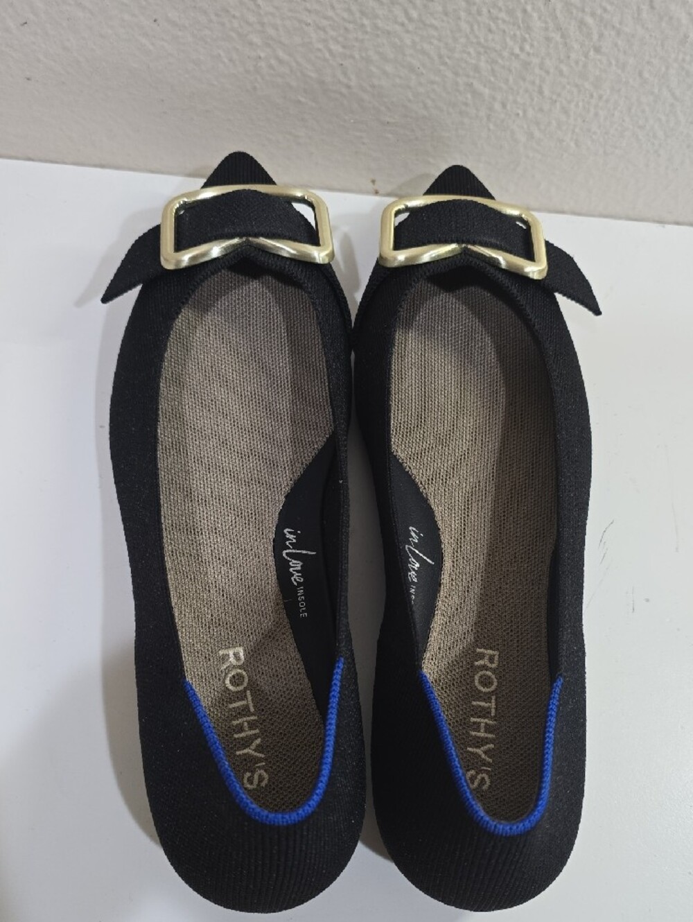 Rothy's Black Pointed Flats with Gold Buckle Accent - Picture 6 of 8